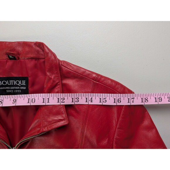 Vtg Red Leather Jacket 90s Y2K Zip Retro Bold Bright Statement Womens Large - Picture 10 of 11
